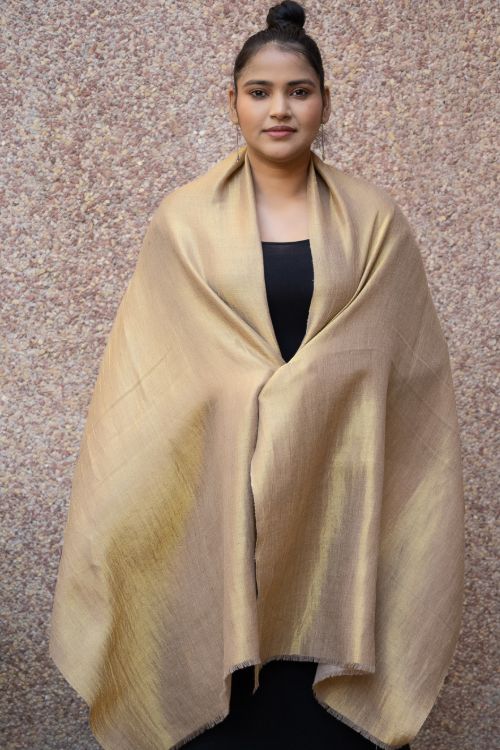 TICH Exclusive Pure Pashmina Wool & Zari Reversible Kashmiri Stole - Beige & Dull Gold