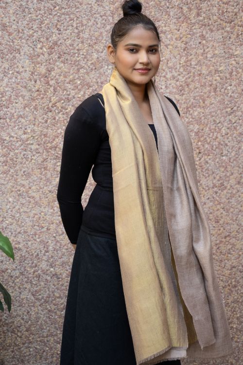 TICH Exclusive Pure Pashmina Wool & Zari Reversible Kashmiri Stole - Beige & Dull Gold