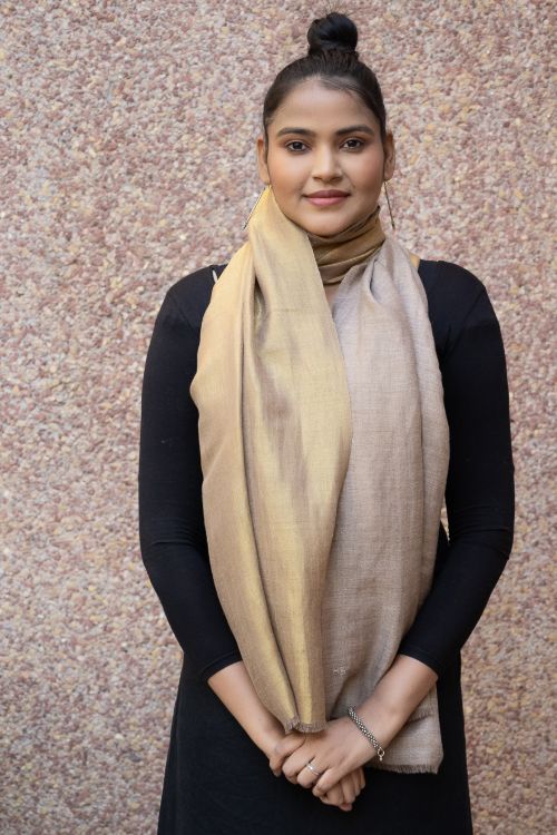 TICH Exclusive Pure Pashmina Wool & Zari Reversible Kashmiri Stole - Beige & Dull Gold