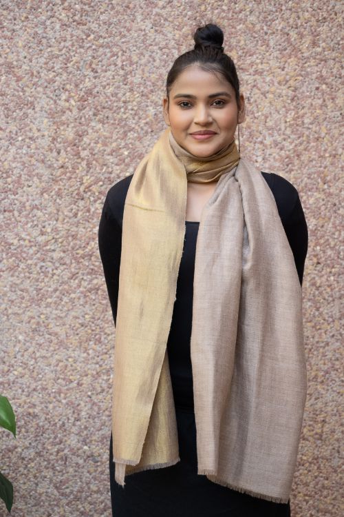 TICH Exclusive Pure Pashmina Wool & Zari Reversible Kashmiri Stole - Beige & Dull Gold