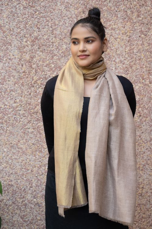 TICH Exclusive Pure Pashmina Wool & Zari Reversible Kashmiri Stole - Beige & Dull Gold