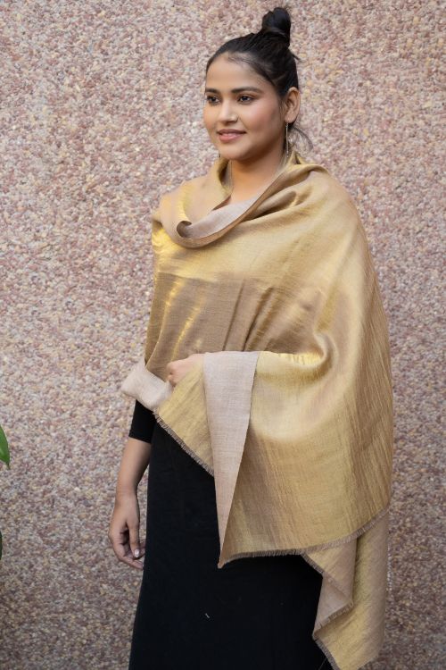 TICH Exclusive Pure Pashmina Wool & Zari Reversible Kashmiri Stole - Beige & Dull Gold