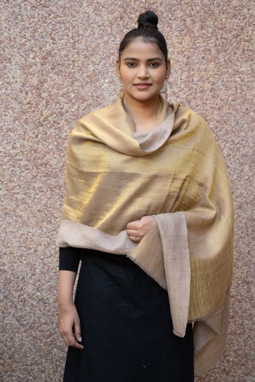 TICH Exclusive Pure Pashmina Wool & Zari Reversible Kashmiri Stole - Beige & Dull Gold