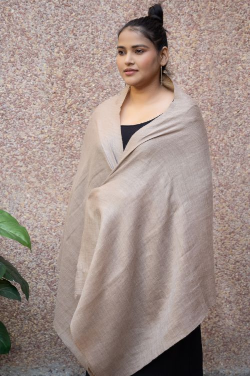 TICH Exclusive Pure Pashmina Wool & Zari Reversible Kashmiri Stole - Beige & Dull Gold