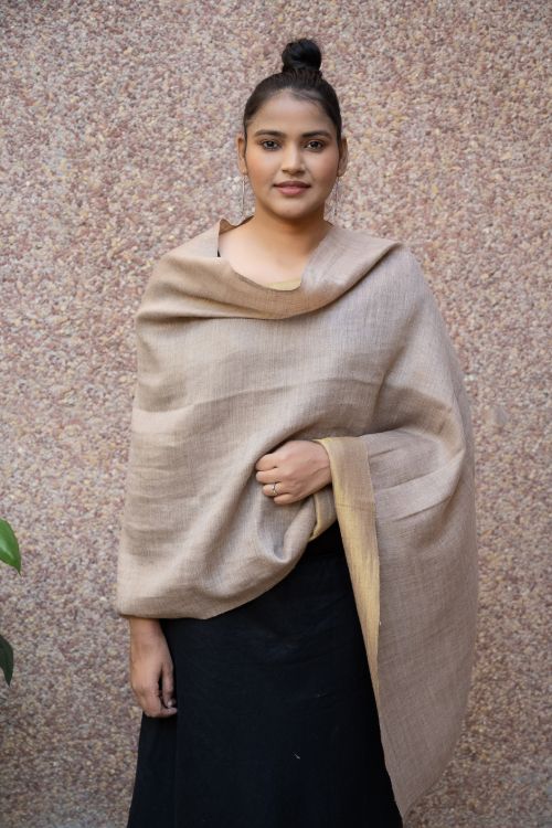 TICH Exclusive Pure Pashmina Wool & Zari Reversible Kashmiri Stole - Beige & Dull Gold