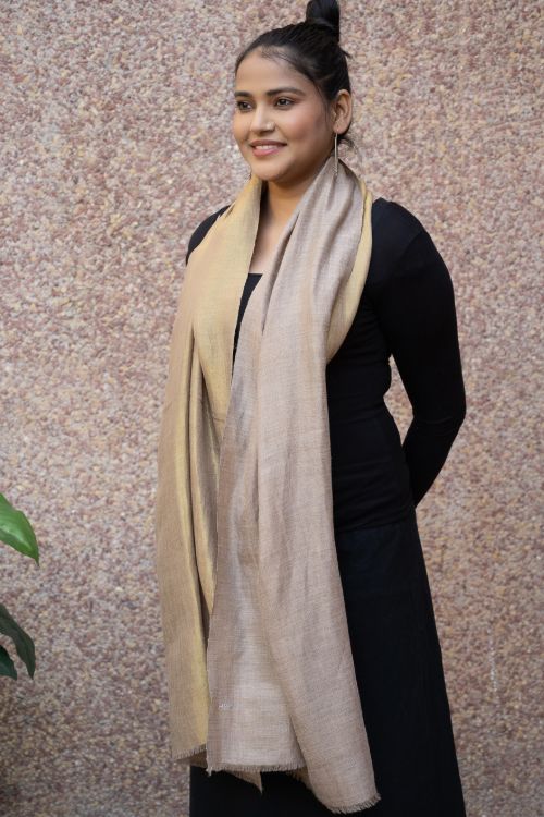 TICH Exclusive Pure Pashmina Wool & Zari Reversible Kashmiri Stole - Beige & Dull Gold