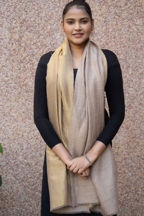 TICH Exclusive Pure Pashmina Wool & Zari Reversible Kashmiri Stole - Beige & Dull Gold