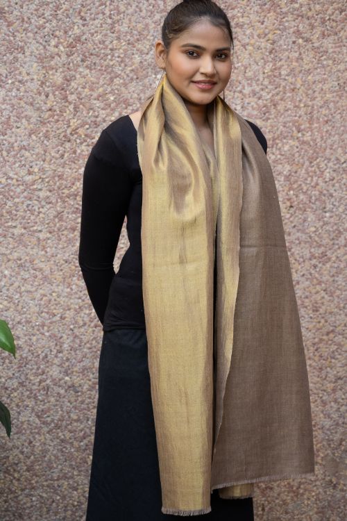 TICH Exclusive Pure Pashmina Wool & Zari Reversible Kashmiri Stole - Pale Brown & Gold