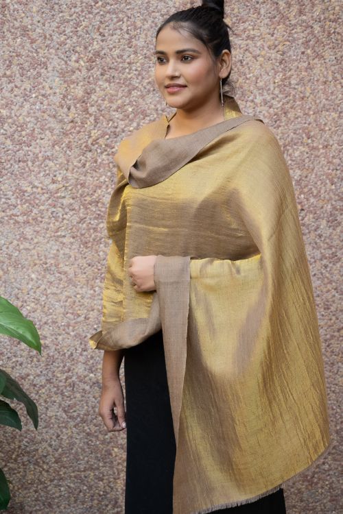 TICH Exclusive Pure Pashmina Wool & Zari Reversible Kashmiri Stole - Pale Brown & Gold