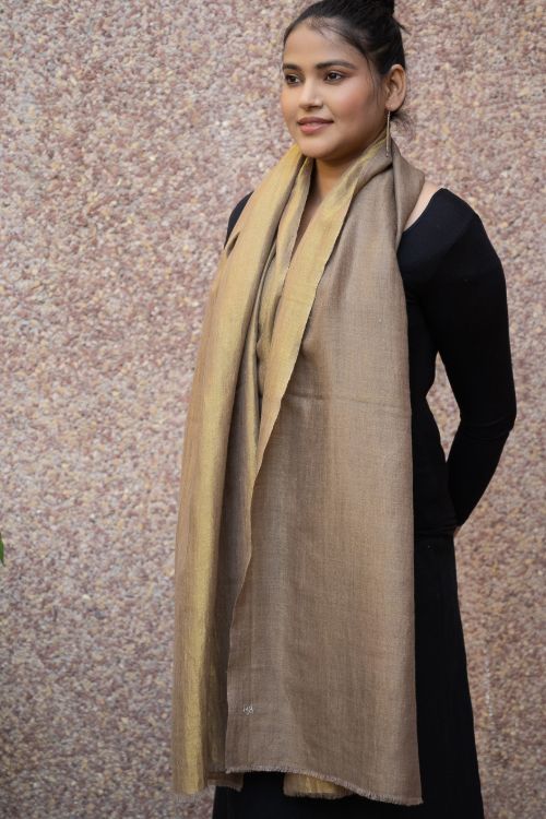 TICH Exclusive Pure Pashmina Wool & Zari Reversible Kashmiri Stole - Pale Brown & Gold
