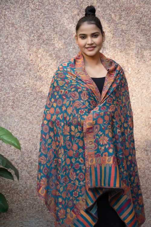 TICH Fine, Soft Kashmiri Kani Pattern Wool Stole - Blue Ornate