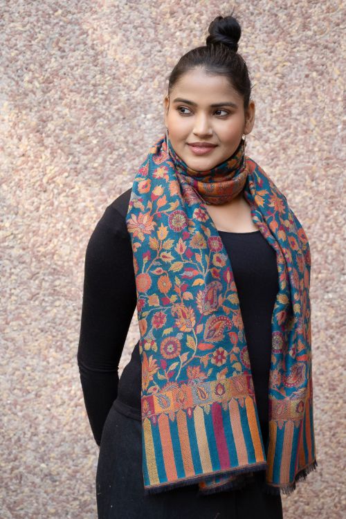 TICH Fine, Soft Kashmiri Kani Pattern Wool Stole - Blue Ornate