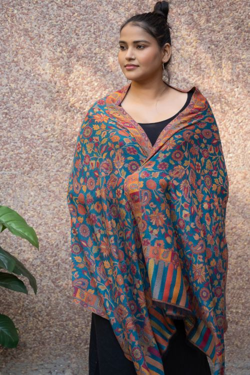TICH Fine, Soft Kashmiri Kani Pattern Wool Stole - Blue Ornate
