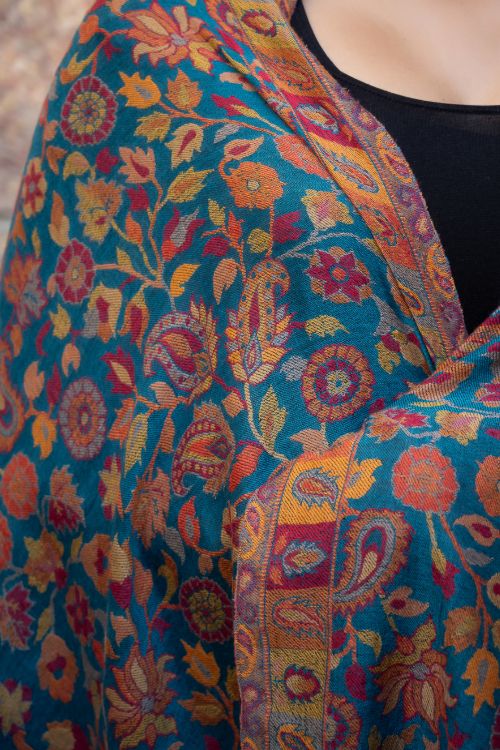 TICH Fine, Soft Kashmiri Kani Pattern Wool Stole - Blue Ornate