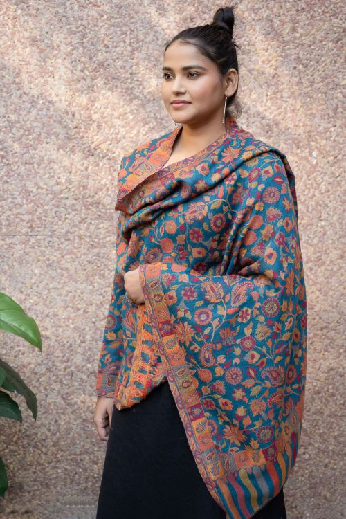 TICH Fine, Soft Kashmiri Kani Pattern Wool Stole - Blue Ornate