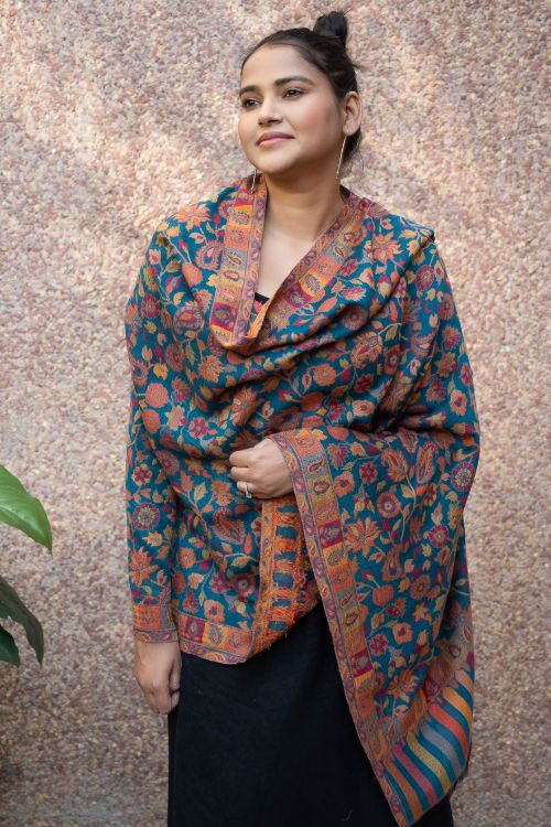 TICH Fine, Soft Kashmiri Kani Pattern Wool Stole - Blue Ornate