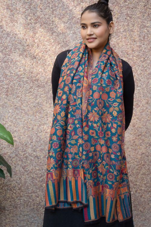 TICH Fine, Soft Kashmiri Kani Pattern Wool Stole - Blue Ornate