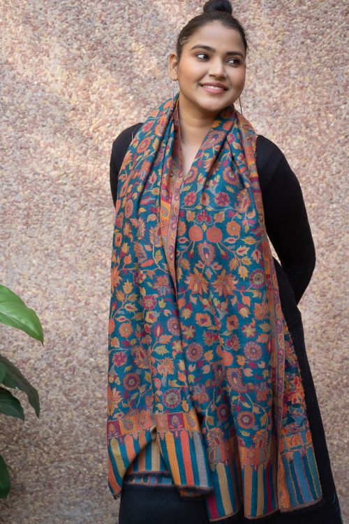 TICH Fine, Soft Kashmiri Kani Pattern Wool Stole - Blue Ornate