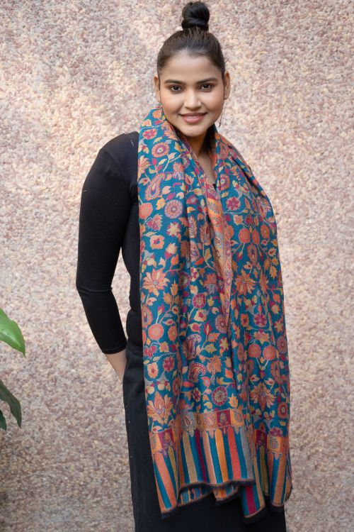 TICH Fine, Soft Kashmiri Kani Pattern Wool Stole - Blue Ornate