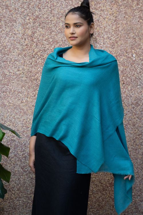 TICH Fine, Soft Kashmiri Plain Wool Stole - Teal Blue