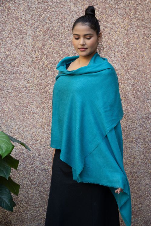 TICH Fine, Soft Kashmiri Plain Wool Stole - Teal Blue