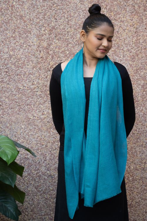 TICH Fine, Soft Kashmiri Plain Wool Stole - Teal Blue