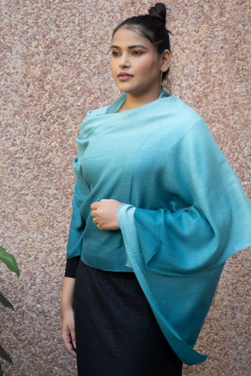 TICH Fine, Soft Kashmiri Ombre Wool Stole - Shades Of Teal