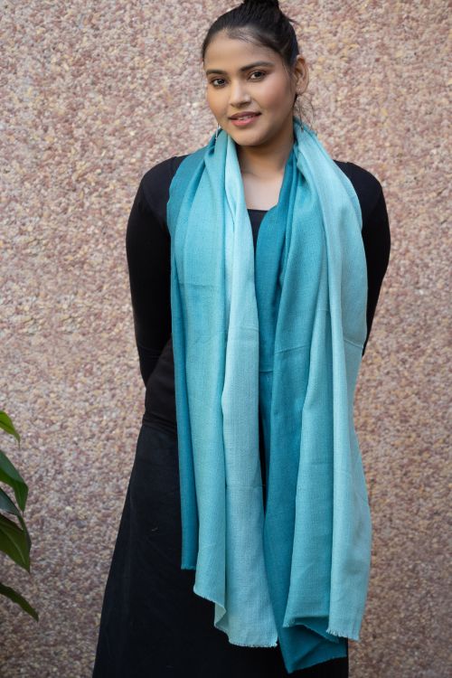TICH Fine, Soft Kashmiri Ombre Wool Stole - Shades Of Teal