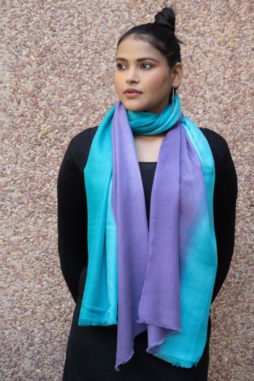 TICH Fine, Soft Kashmiri Shaded Wool Stole - Mauve & Turquoise