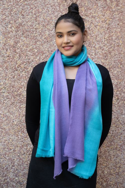 TICH Fine, Soft Kashmiri Shaded Wool Stole - Mauve & Turquoise