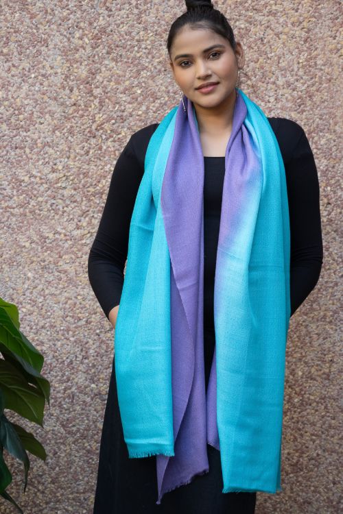 TICH Fine, Soft Kashmiri Shaded Wool Stole - Mauve & Turquoise