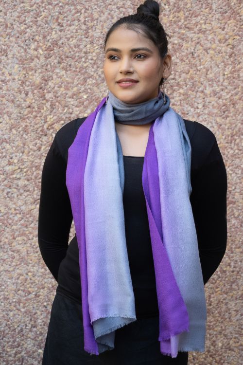 TICH Fine, Soft Kashmiri Ombre Wool Stole - Grey & Purple