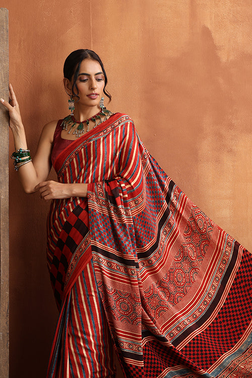 TENAARO  Ajrakh Hand Block Printed Modal Satin Saree