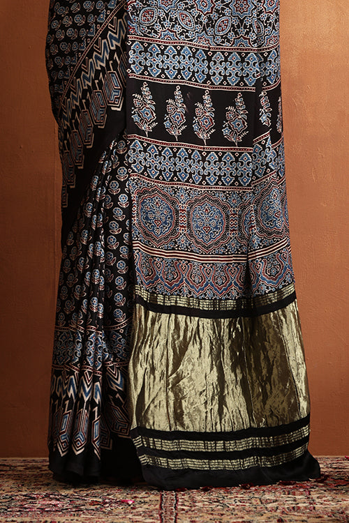 TENAARO Ajrakh Hand Block Printed Modal Satin Tissue Pallu Saree