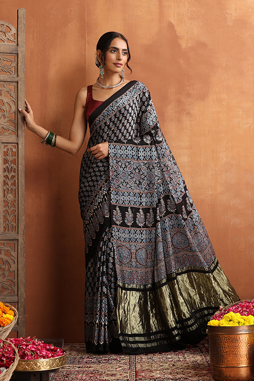 TENAARO Ajrakh Hand Block Printed Modal Satin Tissue Pallu Saree