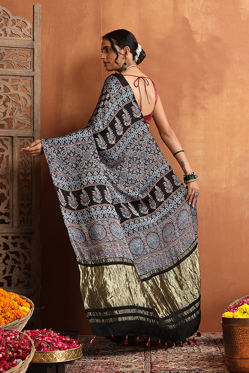 TENAARO Ajrakh Hand Block Printed Modal Satin Tissue Pallu Saree