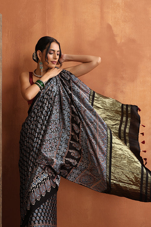 TENAARO Ajrakh Hand Block Printed Modal Satin Tissue Pallu Saree