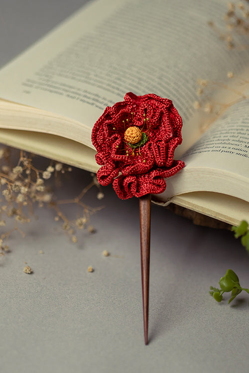 Samoolam Handmade Crochet Hairstick ~ Red Poppy