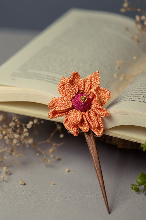 Samoolam Handmade Crochet Hairstick ~  Orange Camelia