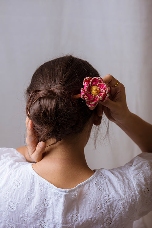 Samoolam Handmade Crochet Hairstick ~ Shimmer Pink Lotus