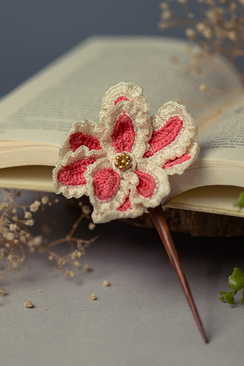 Samoolam Handmade Crochet Hairstick ~  Pink & White Petunia