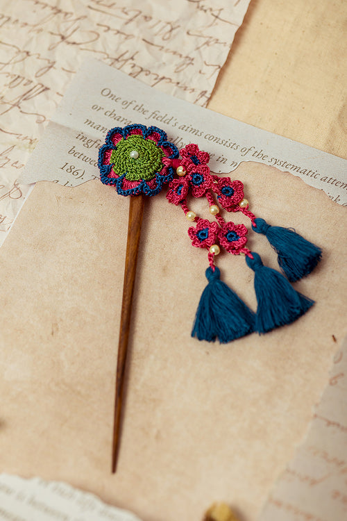 Samoolam Guncha Blue Red Daisy Bunch - Hairstick