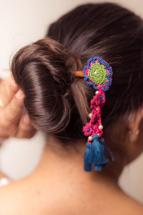 Samoolam Guncha Blue Red Daisy Bunch - Hairstick