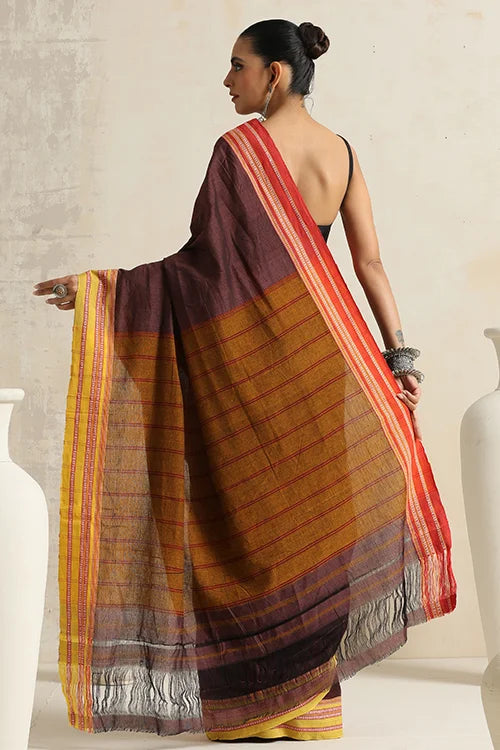 Punarjeevana Brown Body Ganga Jamuna  Red And Yellow Border Reversible Hubli