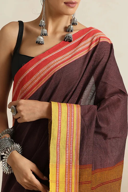 Punarjeevana Brown Body Ganga Jamuna  Red And Yellow Border Reversible Hubli