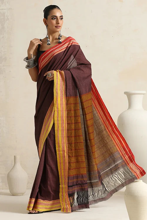 Punarjeevana Brown Body Ganga Jamuna  Red And Yellow Border Reversible Hubli