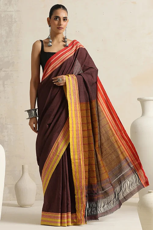 Punarjeevana Brown Body Ganga Jamuna  Red And Yellow Border Reversible Hubli