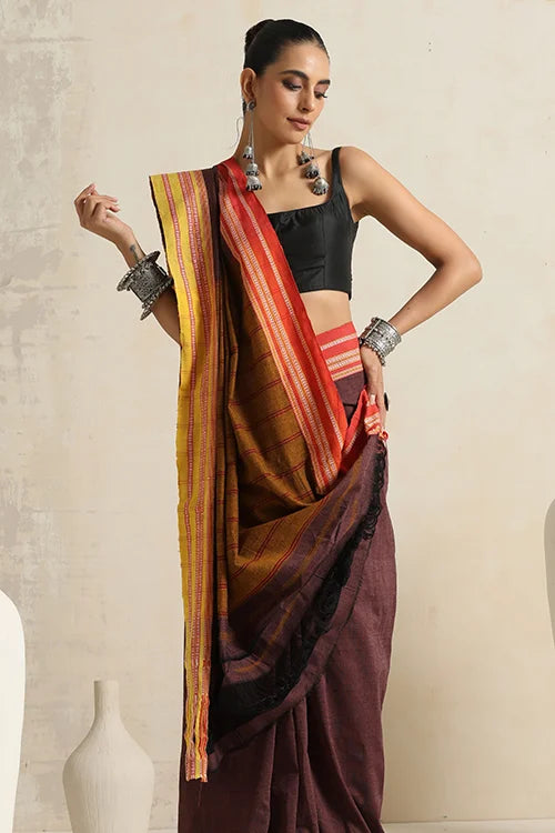 Punarjeevana Brown Body Ganga Jamuna  Red And Yellow Border Reversible Hubli