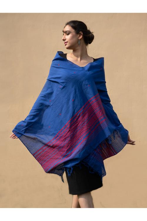 TICH Handwoven Kashida Pattu Cotton Stole / Dupatta - Royal Blue