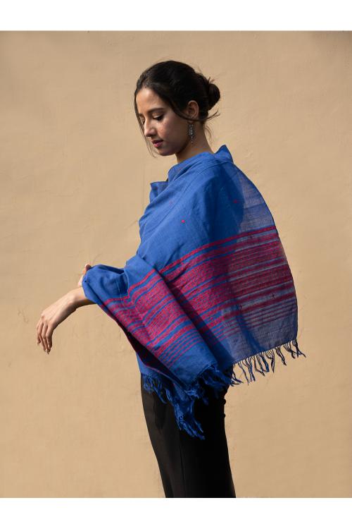 TICH Handwoven Kashida Pattu Cotton Stole / Dupatta - Royal Blue